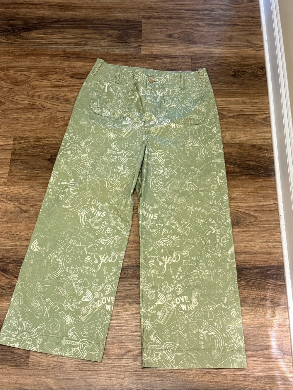 Pilcro Olive Green Wide-Leg Graphic Jeans